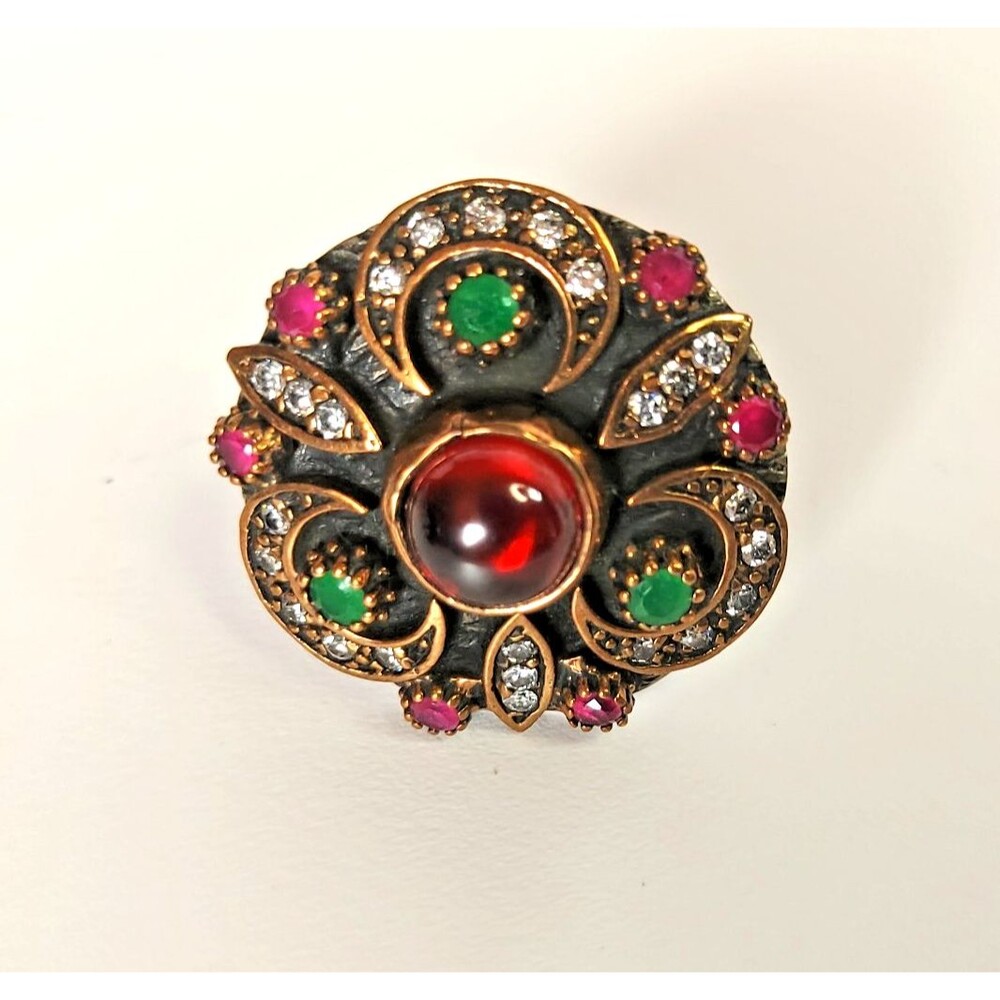Vtg 925 Ottoman Turkish Ruby & Emerald Half Moon Statement Ring Handmade